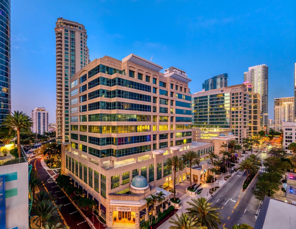 Las Olas Office building at dusk.