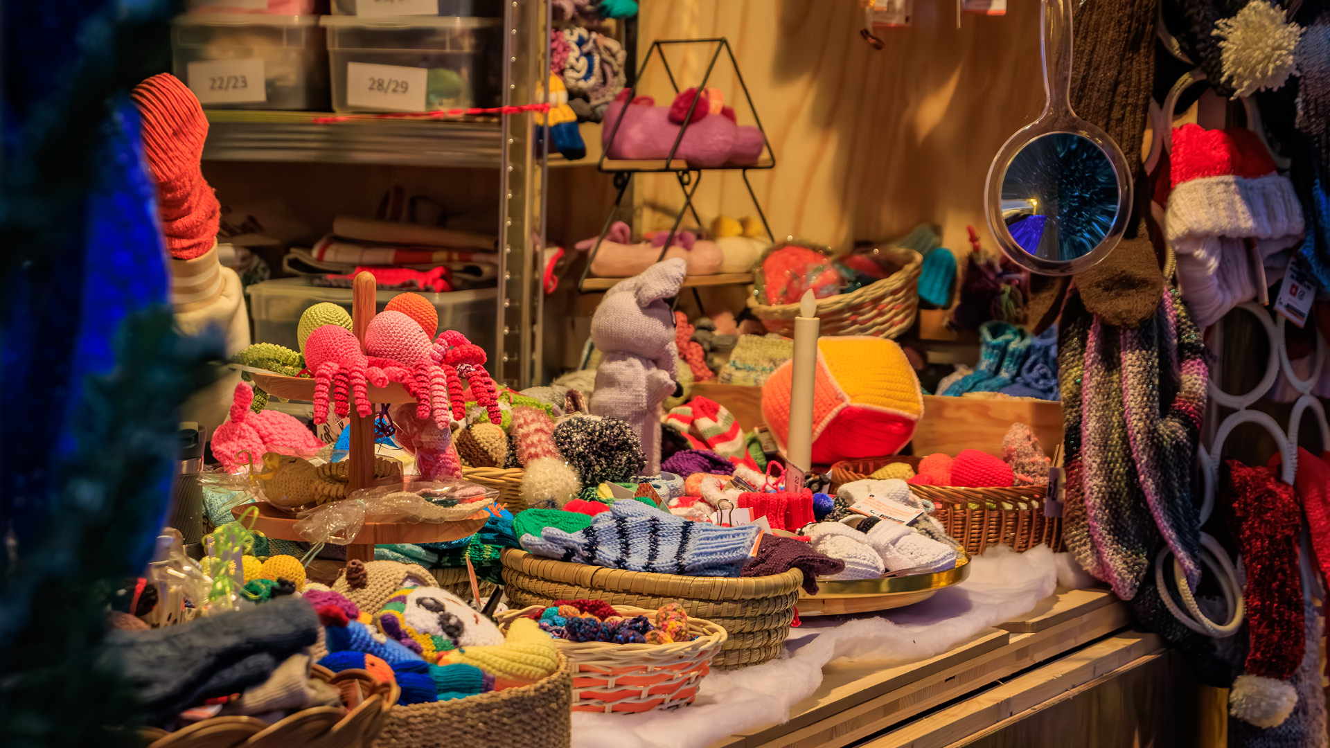 christmas market with knit hats and gloves